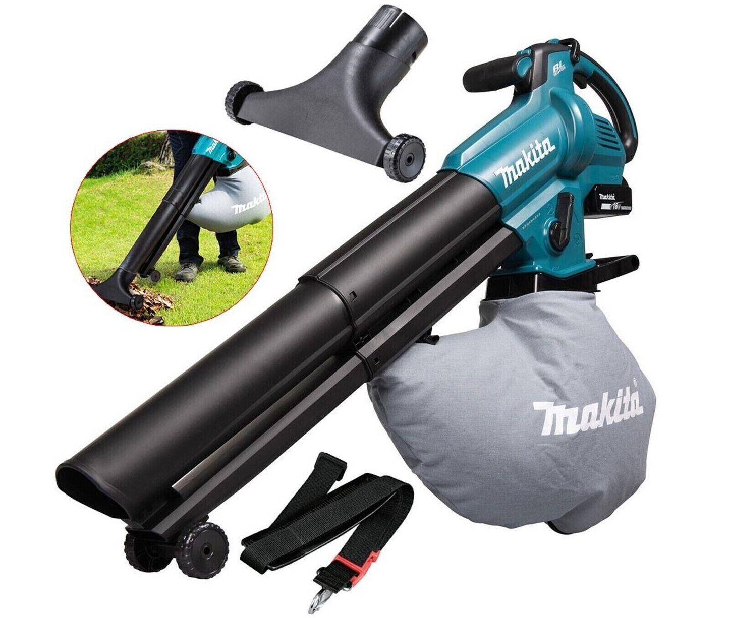 Makita DUB187Z 18V LXT Lövblås med Uppsamlare och Lövsug – Silver – Batteri och laddare ingår
