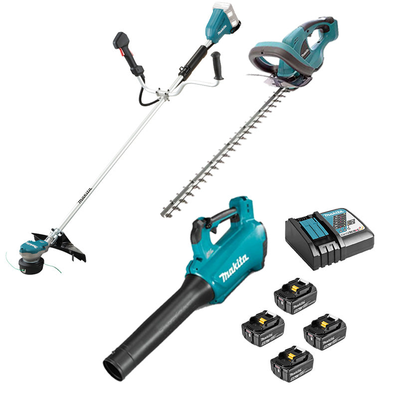 DLXRT04 MAKITA 3 trädgårdsverktyg 18V LXT (DUR368AZ + DUH523Z + DUB184Z + 4 x 5Ah + DC18RC)